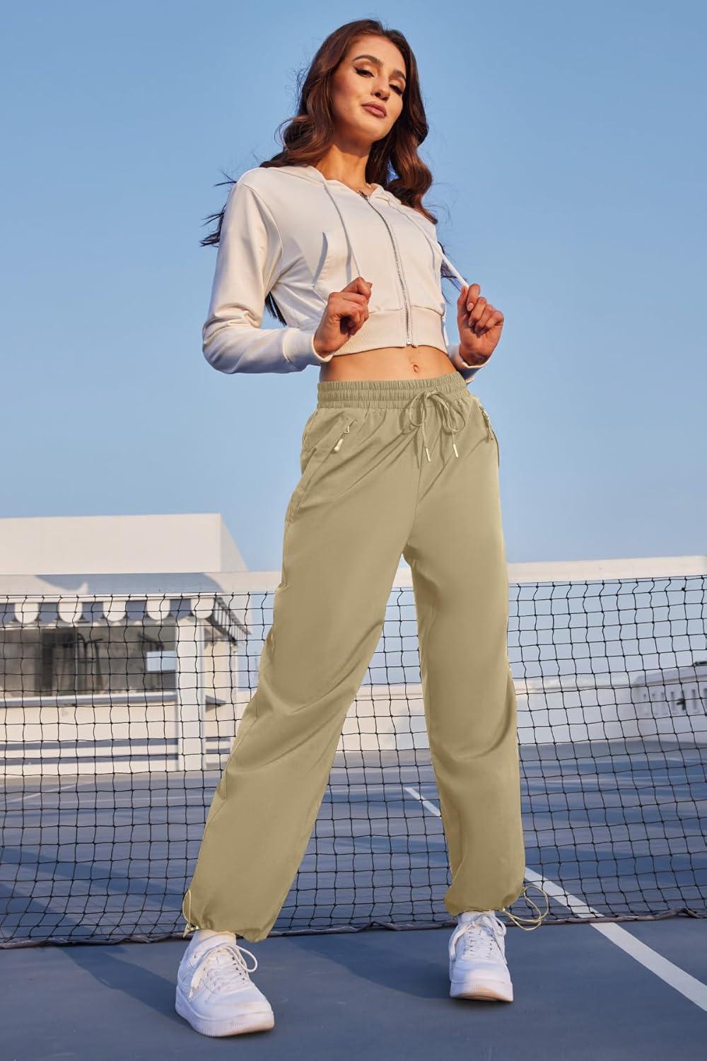 imageWomens Athletic Hiking Pants Lightweight Quick Dry Water Resistant Elastic Waist Cargo Pants with Zipper PocketsKhaki