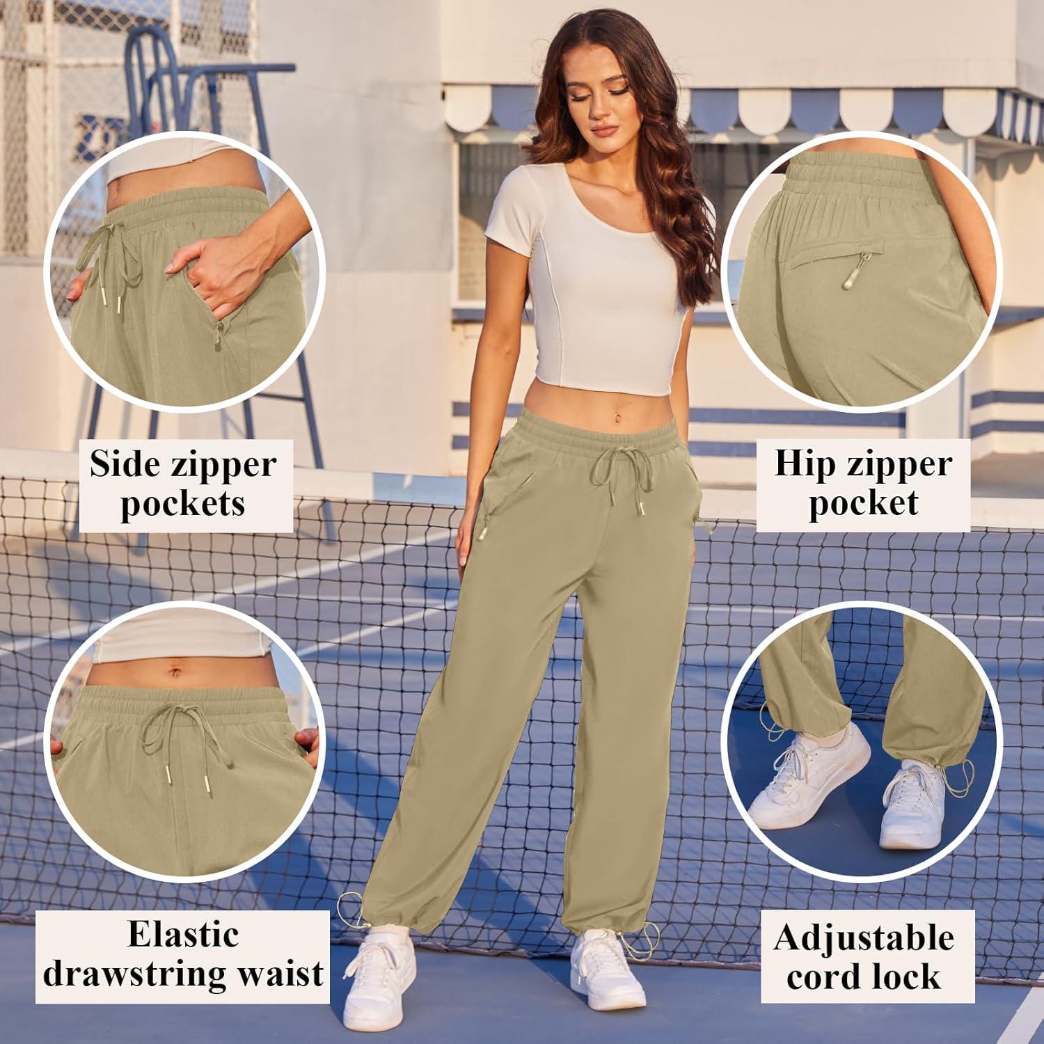 imageWomens Athletic Hiking Pants Lightweight Quick Dry Water Resistant Elastic Waist Cargo Pants with Zipper PocketsKhaki