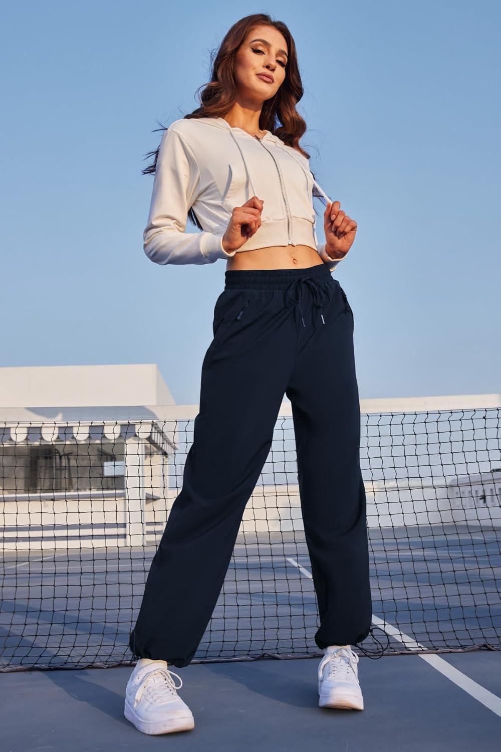 imageWomens Athletic Hiking Pants Lightweight Quick Dry Water Resistant Elastic Waist Cargo Pants with Zipper PocketsNavy