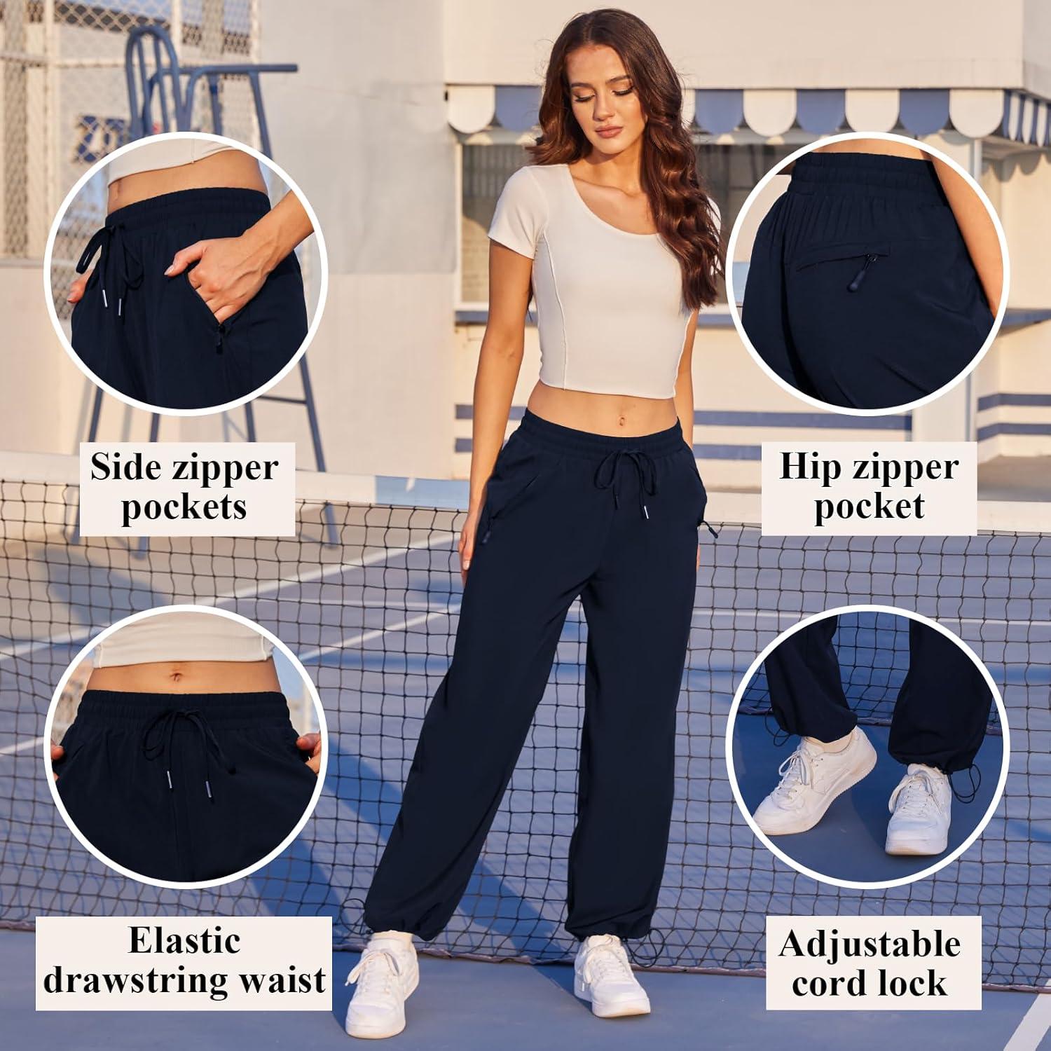 imageWomens Athletic Hiking Pants Lightweight Quick Dry Water Resistant Elastic Waist Cargo Pants with Zipper PocketsNavy