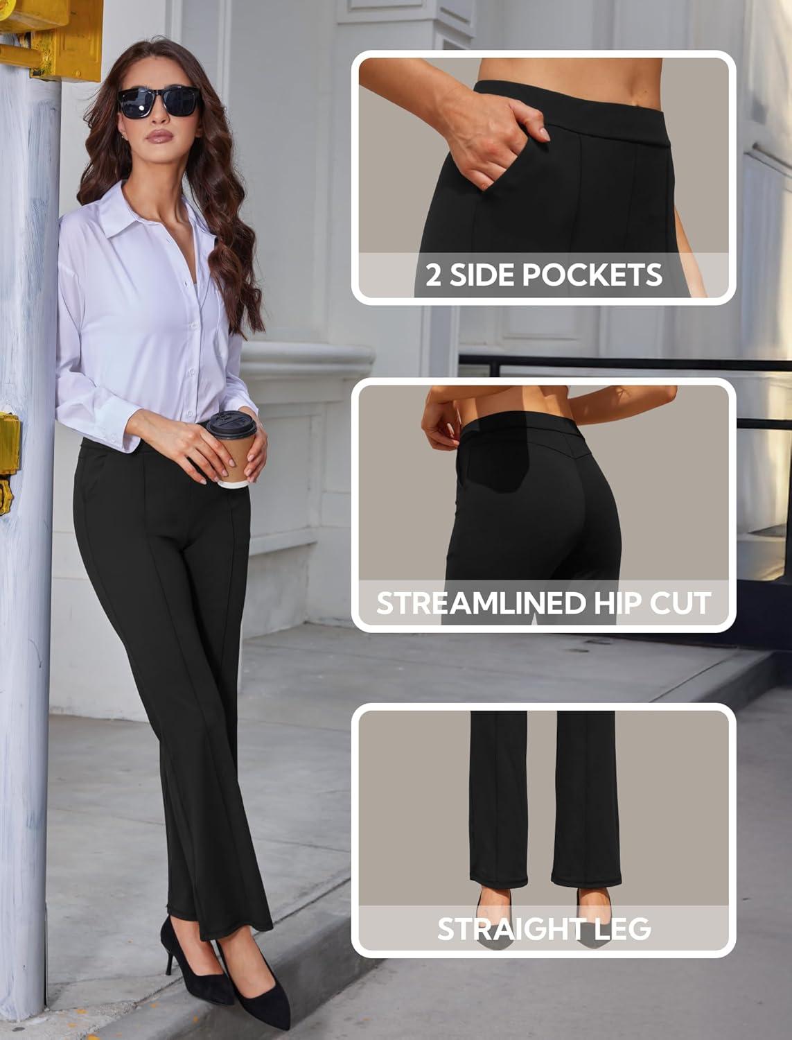 imageWomens High Waist Dress Work Pants Stretchy Straight Leg Casual Pants Business Office TrousersBlack