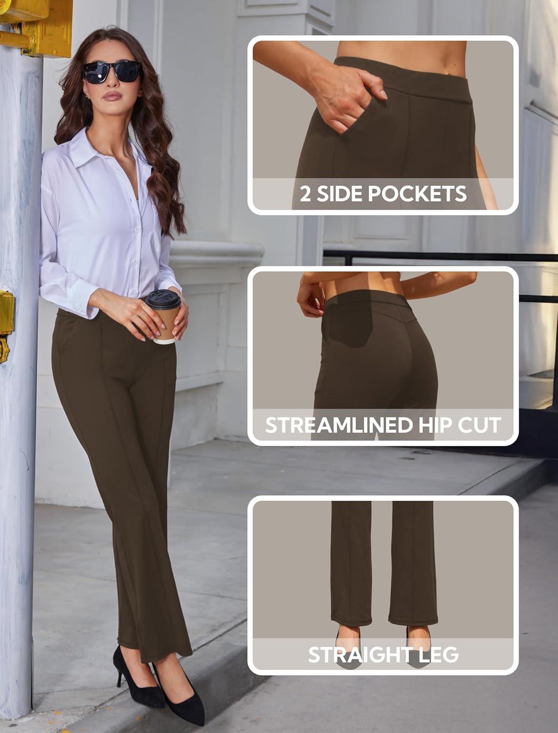 imageWomens High Waist Dress Work Pants Stretchy Straight Leg Casual Pants Business Office TrousersBrown