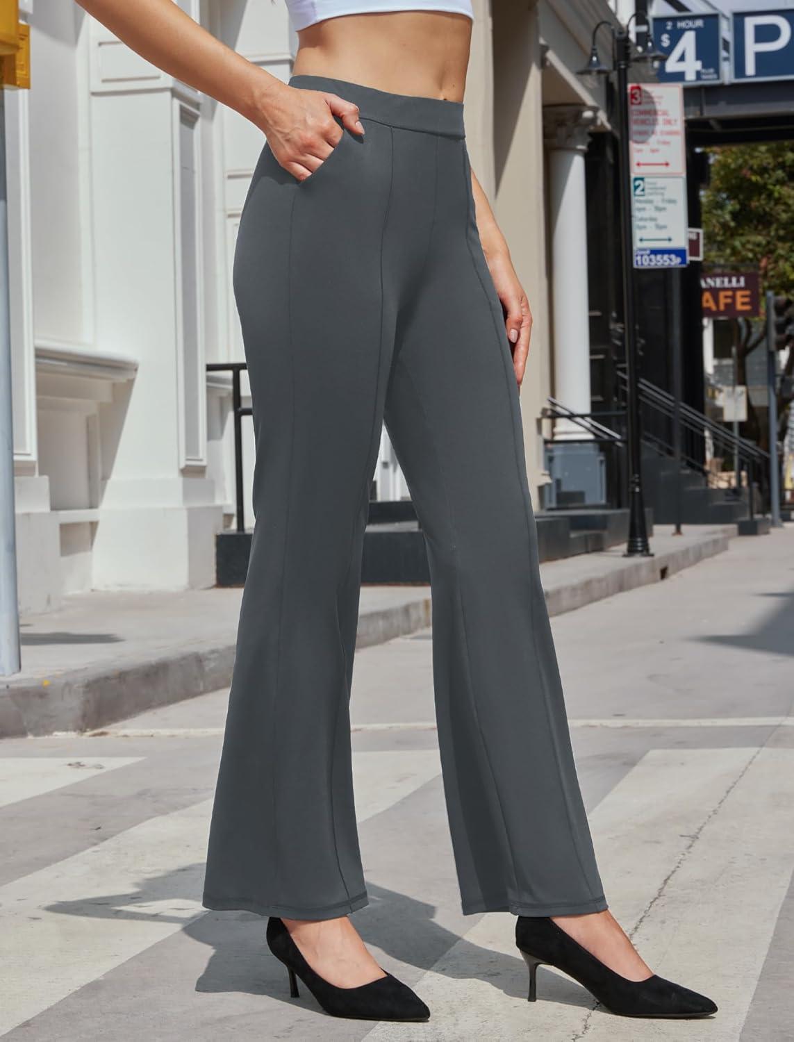 imageWomens High Waist Dress Work Pants Stretchy Straight Leg Casual Pants Business Office TrousersDark Grey