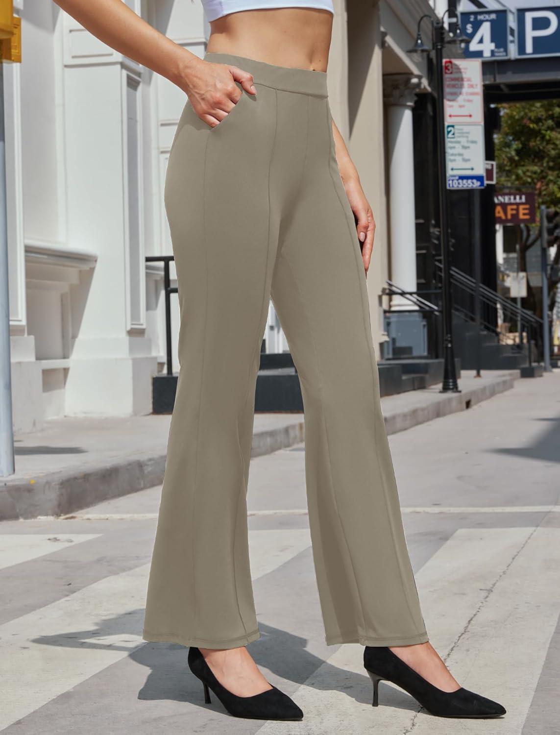 imageWomens High Waist Dress Work Pants Stretchy Straight Leg Casual Pants Business Office TrousersLight Coffee