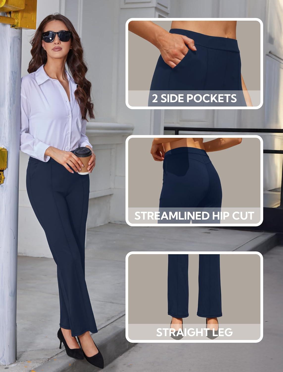 imageWomens High Waist Dress Work Pants Stretchy Straight Leg Casual Pants Business Office TrousersNavy Blue