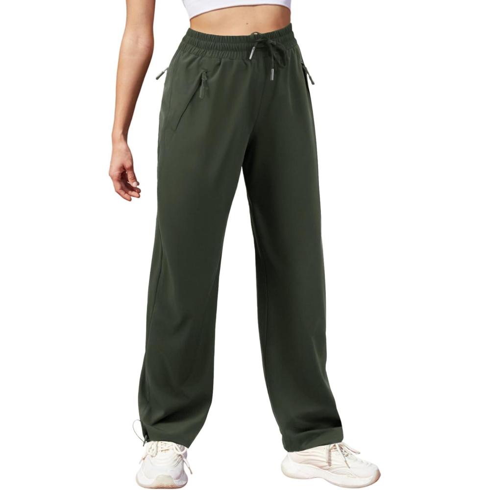 imageWomens Athletic Hiking Pants Lightweight Quick Dry Water Resistant Elastic Waist Cargo Pants with Zipper PocketsArmy Green
