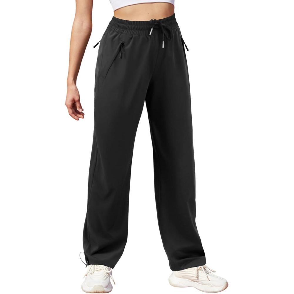 imageWomens Athletic Hiking Pants Lightweight Quick Dry Water Resistant Elastic Waist Cargo Pants with Zipper PocketsBlack