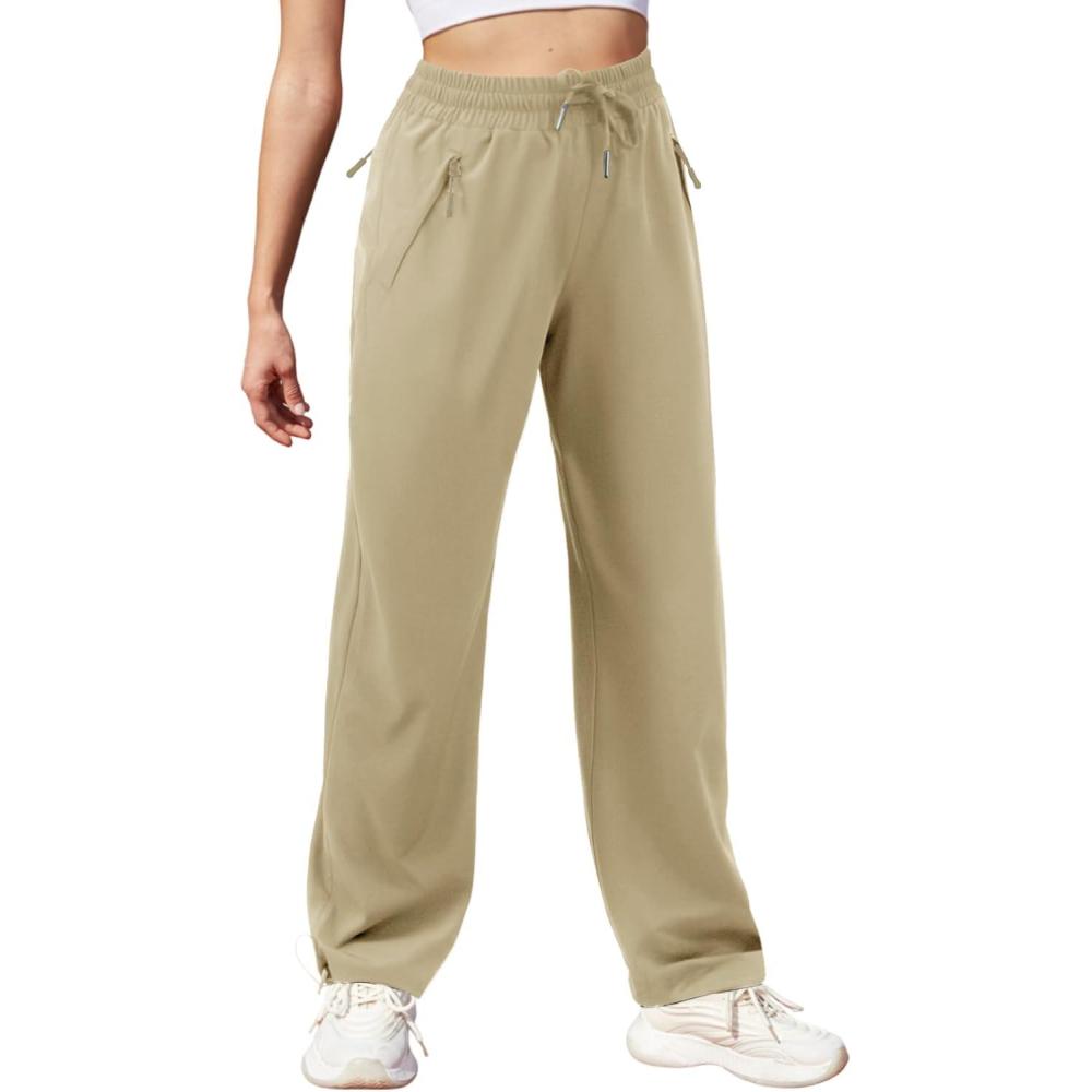 imageWomens Athletic Hiking Pants Lightweight Quick Dry Water Resistant Elastic Waist Cargo Pants with Zipper PocketsKhaki