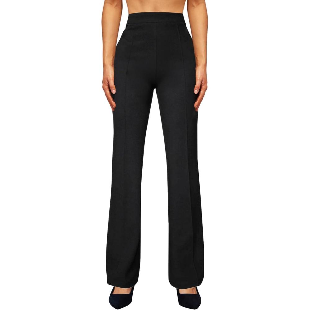 imageWomens High Waist Dress Work Pants Stretchy Straight Leg Casual Pants Business Office TrousersBlack