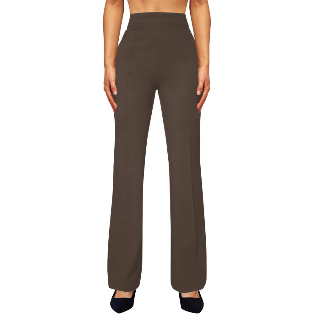 imageWomens High Waist Dress Work Pants Stretchy Straight Leg Casual Pants Business Office TrousersBrown