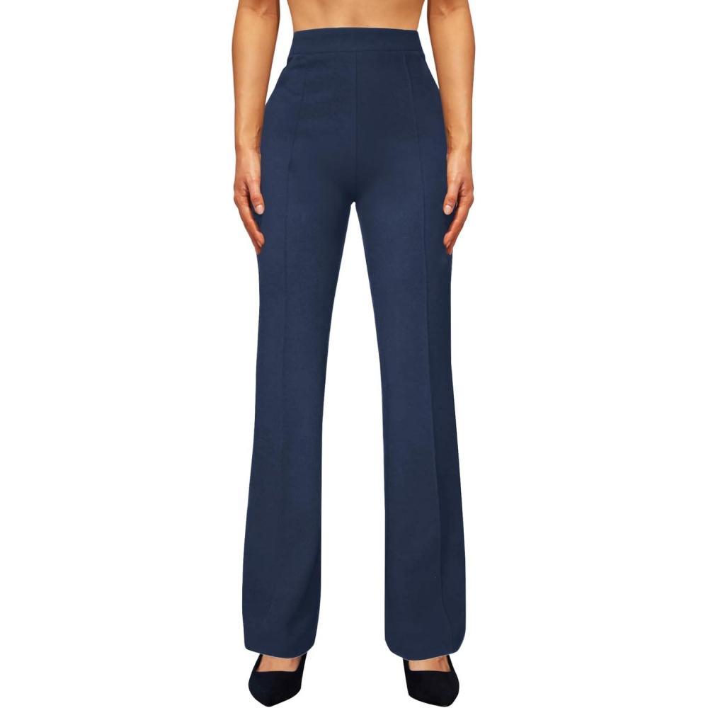 imageWomens High Waist Dress Work Pants Stretchy Straight Leg Casual Pants Business Office TrousersNavy Blue