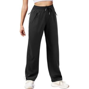 imageWomens Athletic Hiking Pants Lightweight Quick Dry Water Resistant Elastic Waist Cargo Pants with Zipper PocketsBlack