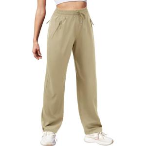 imageWomens Athletic Hiking Pants Lightweight Quick Dry Water Resistant Elastic Waist Cargo Pants with Zipper PocketsKhaki