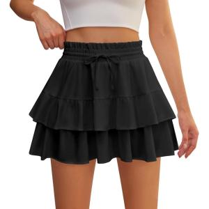 imageShorts for Women Ruffled Tiered Pleated Mini Skirts Boho High Waist Flowy Comfy Tennis Golf SkortsBlack