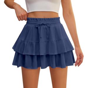 imageShorts for Women Ruffled Tiered Pleated Mini Skirts Boho High Waist Flowy Comfy Tennis Golf SkortsDark Blue
