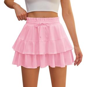 imageShorts for Women Ruffled Tiered Pleated Mini Skirts Boho High Waist Flowy Comfy Tennis Golf SkortsPink