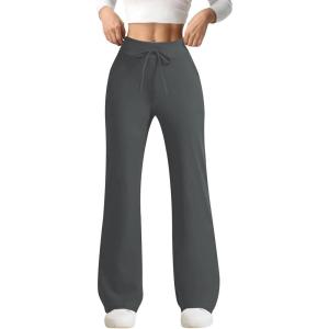 imageYoga Pants Women Flared High Waisted Stretch Drawstring Causal Work Pant Workout Gym with PocketsDark Gray