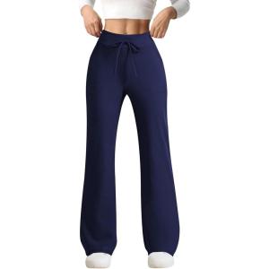 imageYoga Pants Women Flared High Waisted Stretch Drawstring Causal Work Pant Workout Gym with PocketsNavy