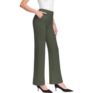 imageWomens High Waist Dress Work Pants Stretchy Wide Leg Business Casual Office Pull On Trousers Slacks with PocketsArmy Green
