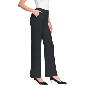 imageWomens High Waist Dress Work Pants Stretchy Wide Leg Business Casual Office Pull On Trousers Slacks with PocketsBlack