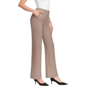 imageWomens High Waist Dress Work Pants Stretchy Wide Leg Business Casual Office Pull On Trousers Slacks with PocketsCoffee