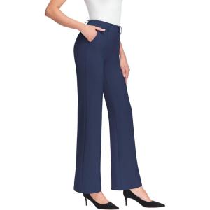imageWomens High Waist Dress Work Pants Stretchy Wide Leg Business Casual Office Pull On Trousers Slacks with PocketsNavy