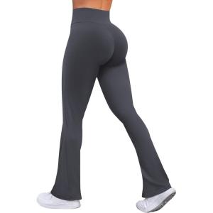 imageWomens Flare Yoga Pants High Waisted Bootcut Yoga Leggings Tummy Control Gym Workout Active Pants with PocketsDark Gray
