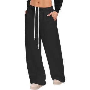 imageWomens Sweatpants Wide Leg Drawstring Workout Casual Baggy Pants High Waist with PocketsBlack