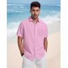 image:imageButton Down Linen Shirts for Men Short Sleeves Cotton Casual Shirt with Pockets for Summer BeachPink
