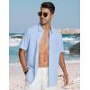 image:imageButton Down Linen Shirts for Men Short Sleeves Cotton Casual Shirt with Pockets for Summer BeachSky Blue