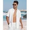 image:imageButton Down Linen Shirts for Men Short Sleeves Cotton Casual Shirt with Pockets for Summer BeachWhite