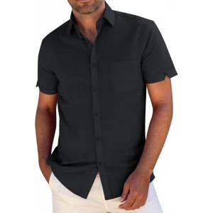 image:imageButton Down Linen Shirts for Men Short Sleeves Cotton Casual Shirt with Pockets for Summer BeachBlack