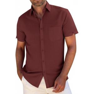 image:imageButton Down Linen Shirts for Men Short Sleeves Cotton Casual Shirt with Pockets for Summer BeachBurgundy