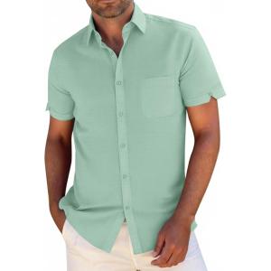 image:imageButton Down Linen Shirts for Men Short Sleeves Cotton Casual Shirt with Pockets for Summer BeachGreen