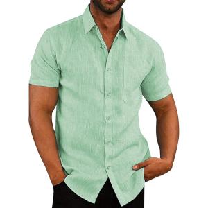 image:imageButton Down Linen Shirts for Men Short Sleeves Cotton Casual Shirt with Pockets for Summer BeachGreen1