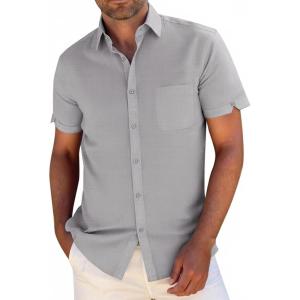 image:imageButton Down Linen Shirts for Men Short Sleeves Cotton Casual Shirt with Pockets for Summer BeachGrey