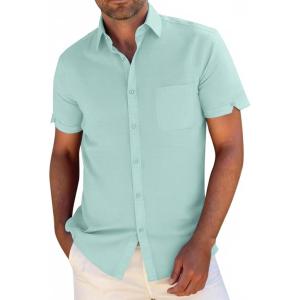 image:imageButton Down Linen Shirts for Men Short Sleeves Cotton Casual Shirt with Pockets for Summer BeachMint Blue