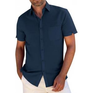 image:imageButton Down Linen Shirts for Men Short Sleeves Cotton Casual Shirt with Pockets for Summer BeachNavy