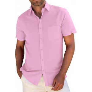 image:imageButton Down Linen Shirts for Men Short Sleeves Cotton Casual Shirt with Pockets for Summer BeachPink