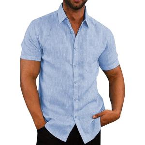 image:imageButton Down Linen Shirts for Men Short Sleeves Cotton Casual Shirt with Pockets for Summer BeachSky Blue1