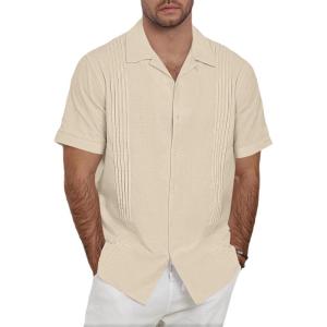 image:imageGuayabera Shirts for Men Linen Button Down Short Sleeves Shirt Casual Summer Cuban Vacation Beach Tops0beige