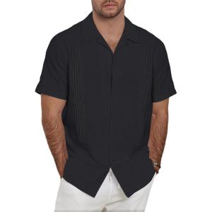 image:imageGuayabera Shirts for Men Linen Button Down Short Sleeves Shirt Casual Summer Cuban Vacation Beach Tops0black