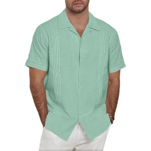 image:imageGuayabera Shirts for Men Linen Button Down Short Sleeves Shirt Casual Summer Cuban Vacation Beach Tops0green