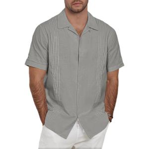 image:imageGuayabera Shirts for Men Linen Button Down Short Sleeves Shirt Casual Summer Cuban Vacation Beach Tops0grey