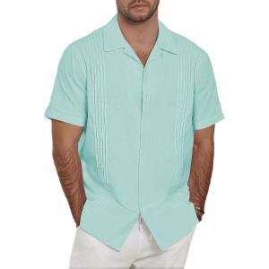 image:imageGuayabera Shirts for Men Linen Button Down Short Sleeves Shirt Casual Summer Cuban Vacation Beach Tops0mint Blue