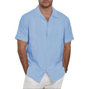 image:imageGuayabera Shirts for Men Linen Button Down Short Sleeves Shirt Casual Summer Cuban Vacation Beach Tops0sky Blue