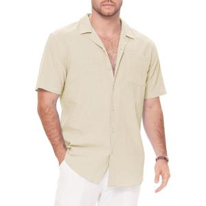 image:imageGuayabera Shirts for Men Linen Button Down Short Sleeves Shirt Casual Summer Cuban Vacation Beach Tops2apricot